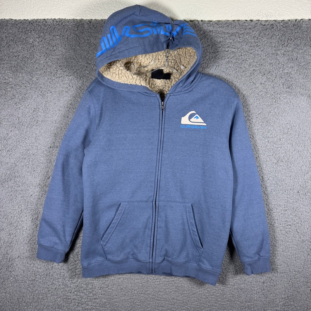 Quiksilver Kids Blue Sherpa Lined Full Zip Hoodie Logo Sweatshirt Size L 14/16